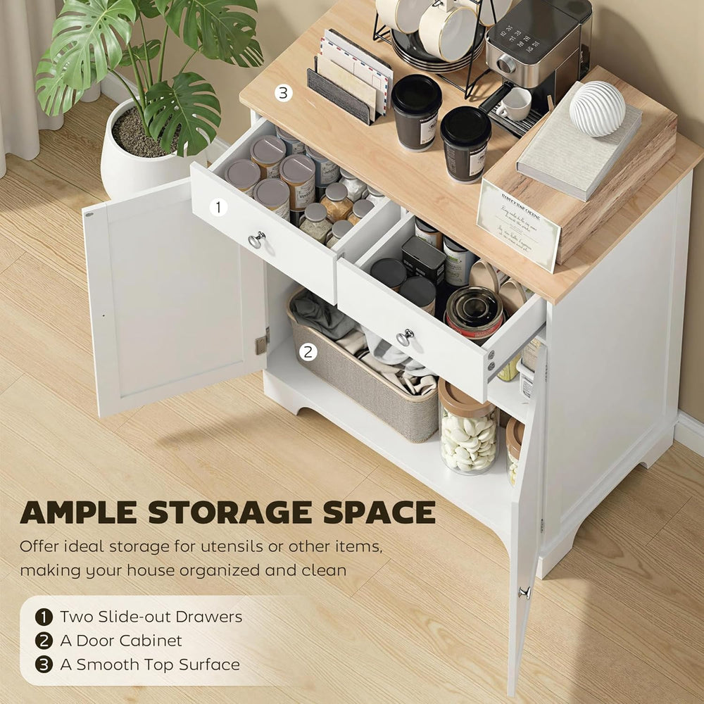 HOMCOM Sideboard Buffet Cabinet Solid Wood Countertop White