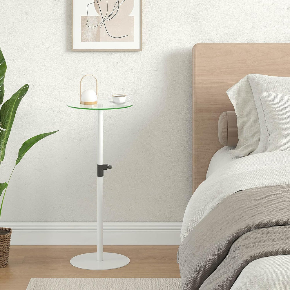 Round Side Table Set of 2, Glass End Table, Round Coffee Table, White