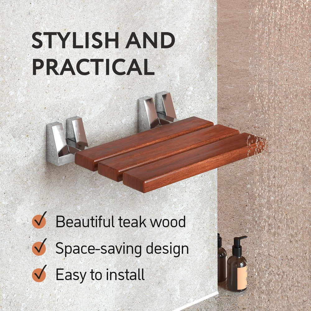 Folding Shower Seat - Wall Mounted - 16 Inch - Fold Down - Teak
