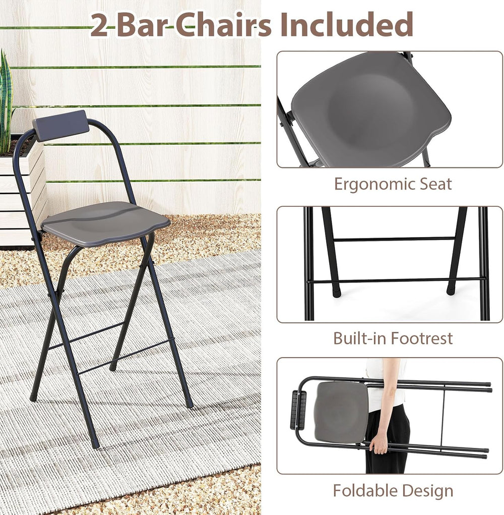 Tangkula 3 Piece Patio Bar Set with 2 Foldable Bar Stools (Gray)