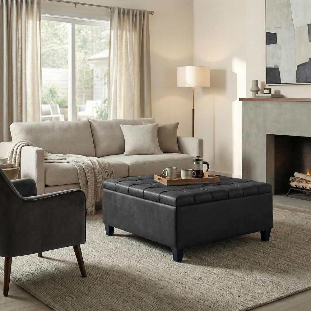 SIMPLIHOME Harrison 36" Wide Vegan Leather Lift Top Ottoman in Black