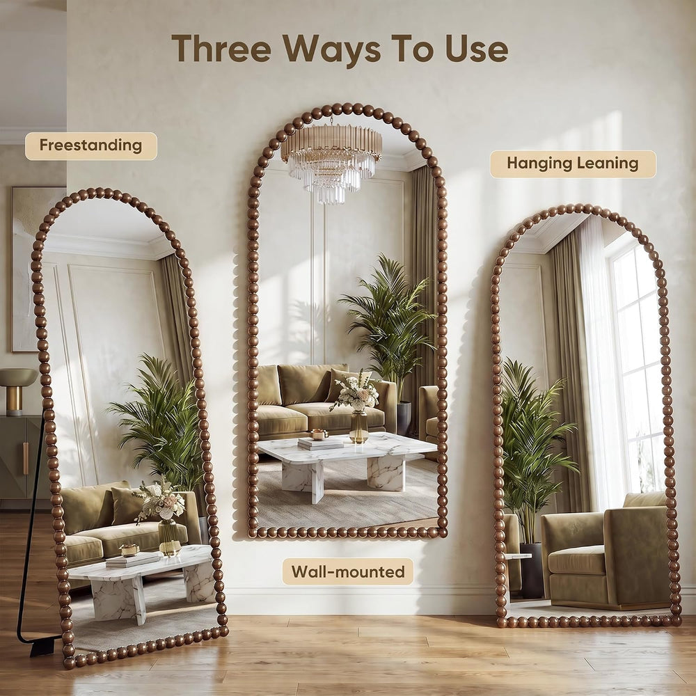 Antok 76" x 34" Arched Full Length Mirror, Antique Beaded Frame Flo...
