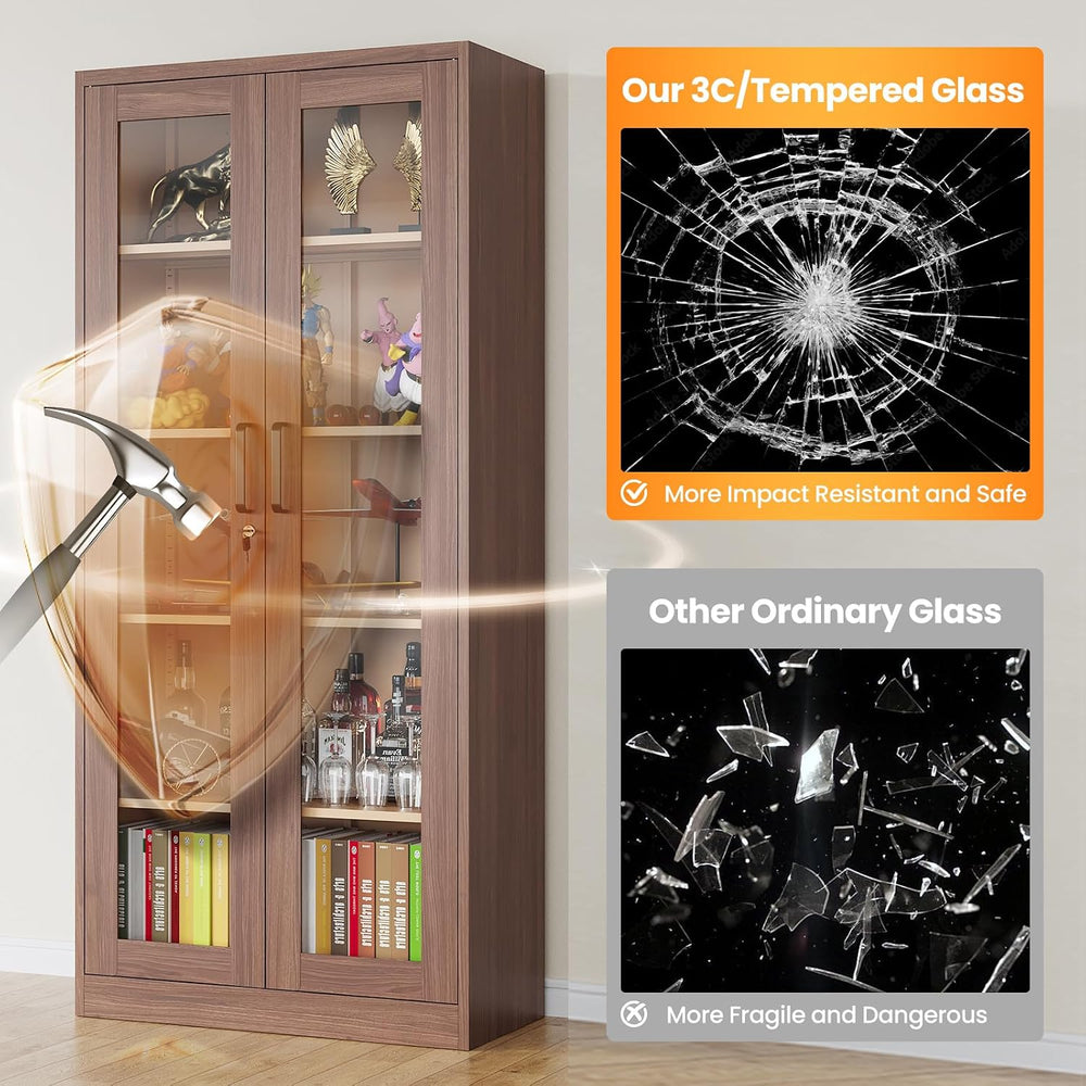 Locking Display Cabinet with Glass Door, 71”H Metal Curio Cabinets with Adjus...