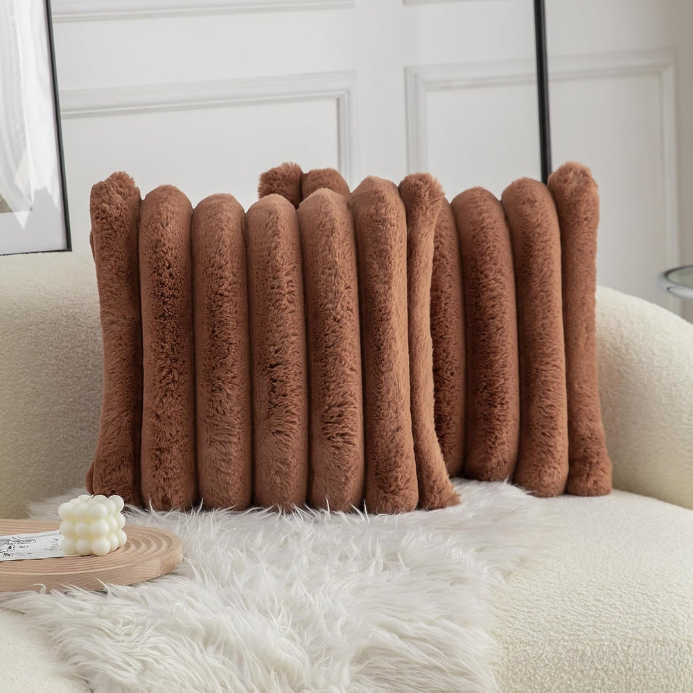 Neelvin Brown Faux Fur Cozy Soft Stripe Decorative Throw Pillow Covers 24x24 ...