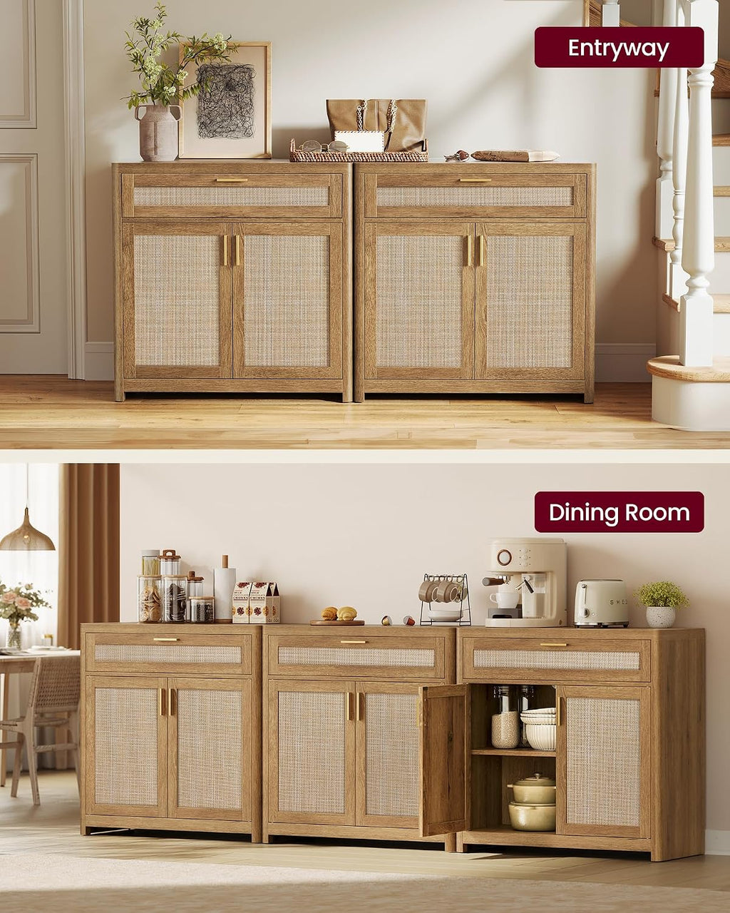 VASAGLE Boho Buffet Cabinet with Rattan-Look Doors, Adjustable Shelf