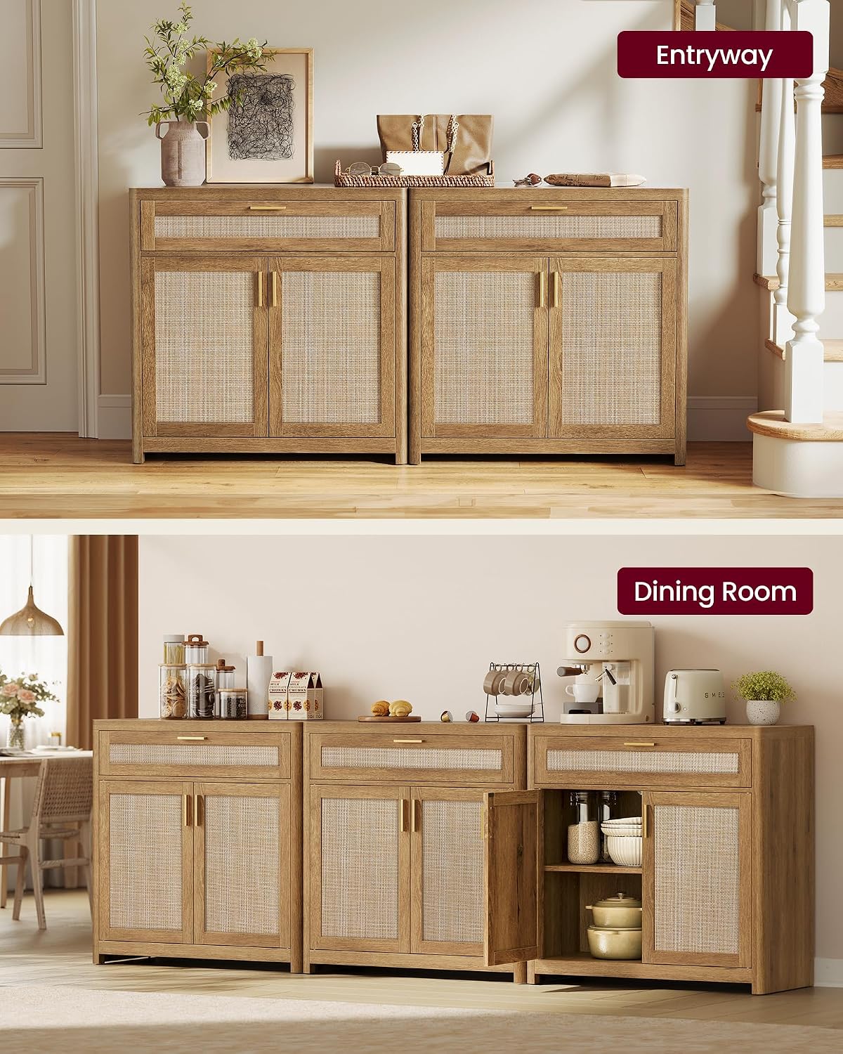 VASAGLE Boho Buffet Cabinet with Rattan-Look Doors, Adjustable Shelf