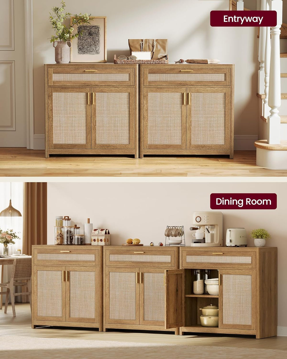 VASAGLE Boho Buffet Cabinets, Set of 2, with Rattan-Look Doors