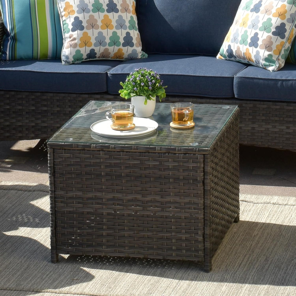 ovios Outdoor Side Table with Tempered Glass Top, Patio Wicker Coffee Table, ...