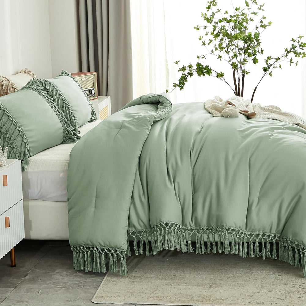 Andency Sage Green Comforter Set King, 3 Pieces Boho Tassel Bedding