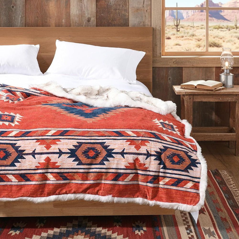 Luxury Plush Faux Fur Throw Blanket with Aztec Pattern, Super Warm, Fuzzy, El...