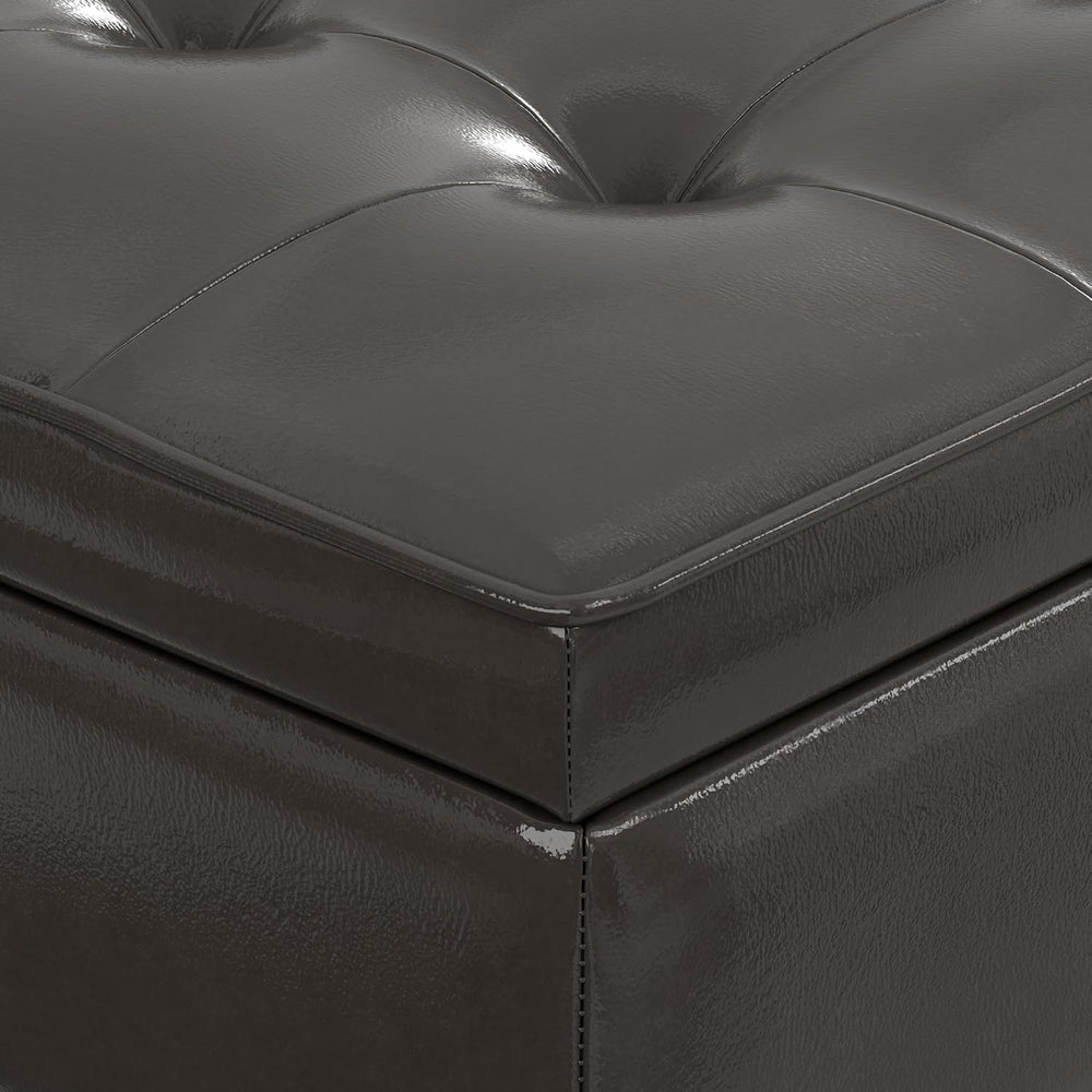 SIMPLIHOME Cosmopolitan 44" Wide Vegan Leather Storage Ottoman in Brown
