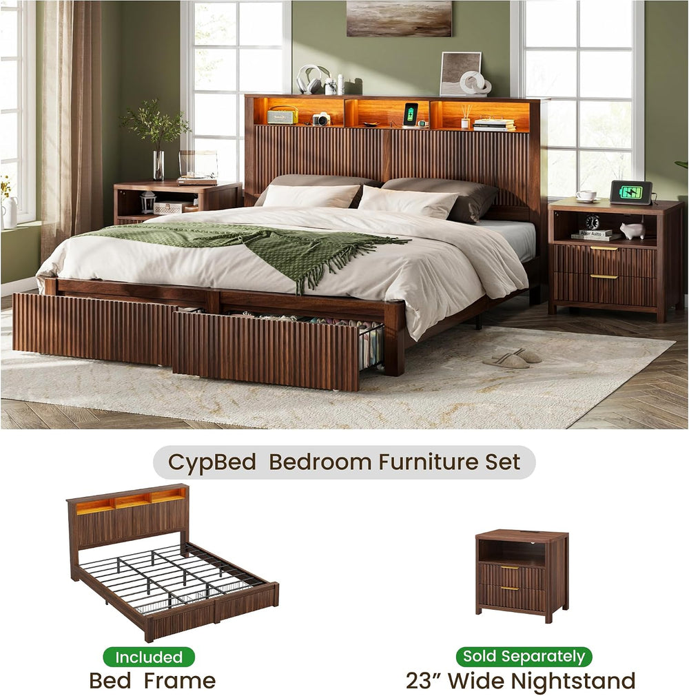 CypBed King Size Bed Frame and Headboard & 2 Storage Drawers, Walnut