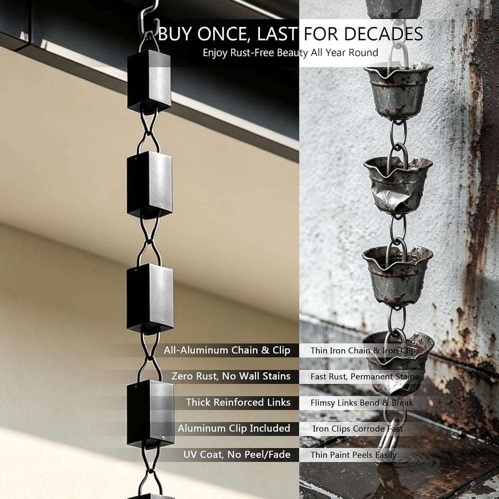 8.5 ft Aluminum Rain Chain for Gutters Outside, Big Square Cup