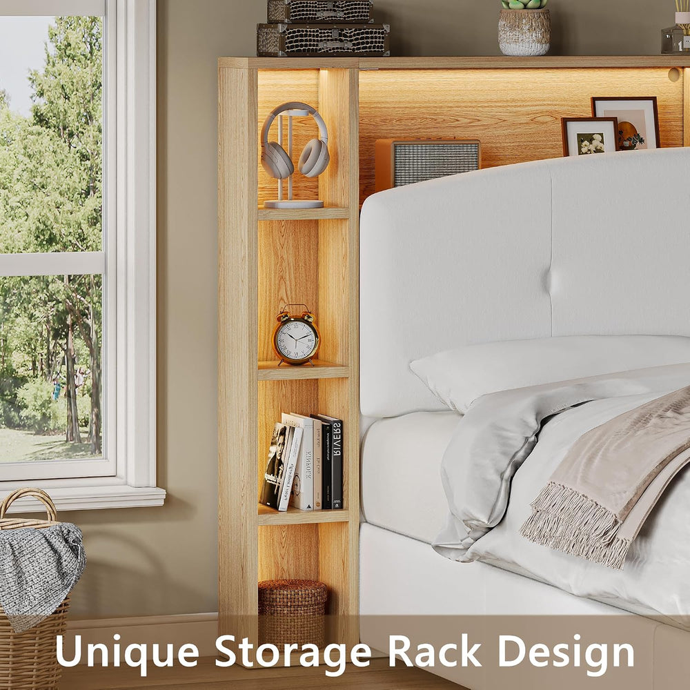 Einhomn Full Size Platform Bed Frame with 5-Tier Storage Headboard White