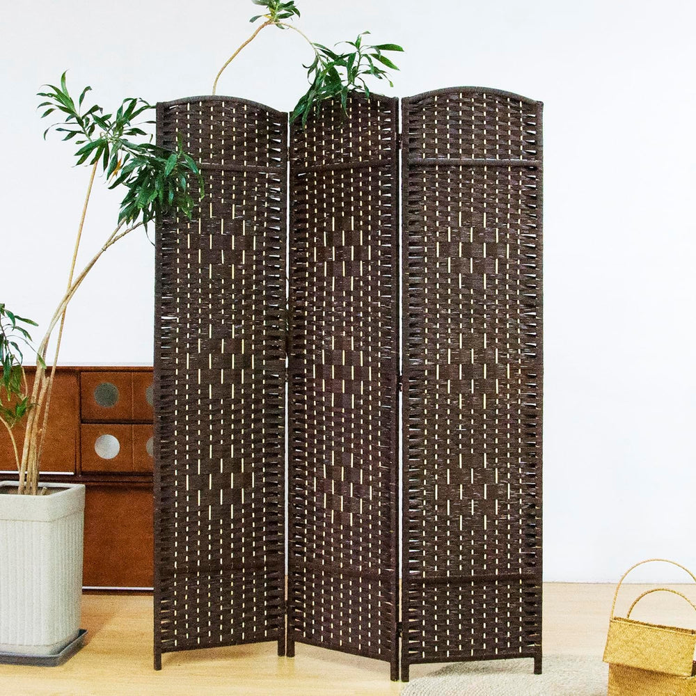 Furnnylane 3 Panel Rattan Room Divider, Dark Brown Folding Privacy Screen