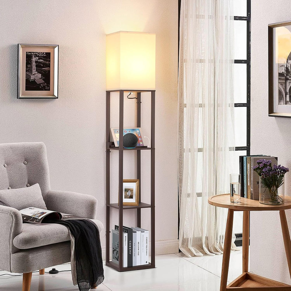 FOLKSMATE Floor Lamp with Shelves Touch Control Charging USB Type C Brown