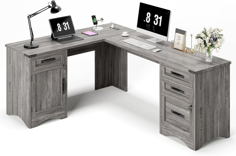 Decofy 67" Farmhouse L Shaped Standing Desk with Drawers Home Office Exe...
