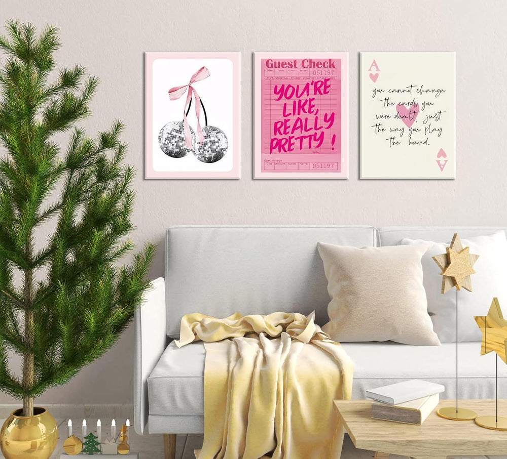 Pink Preppy Wall Art Framed Set of 3 Trendy Coquette Disco Cherry Posters Ret...
