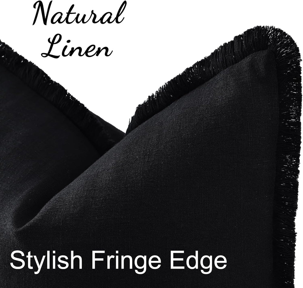 decorUhome Linen Fringe Black Throw Pillow Covers 24x24 Set of 2