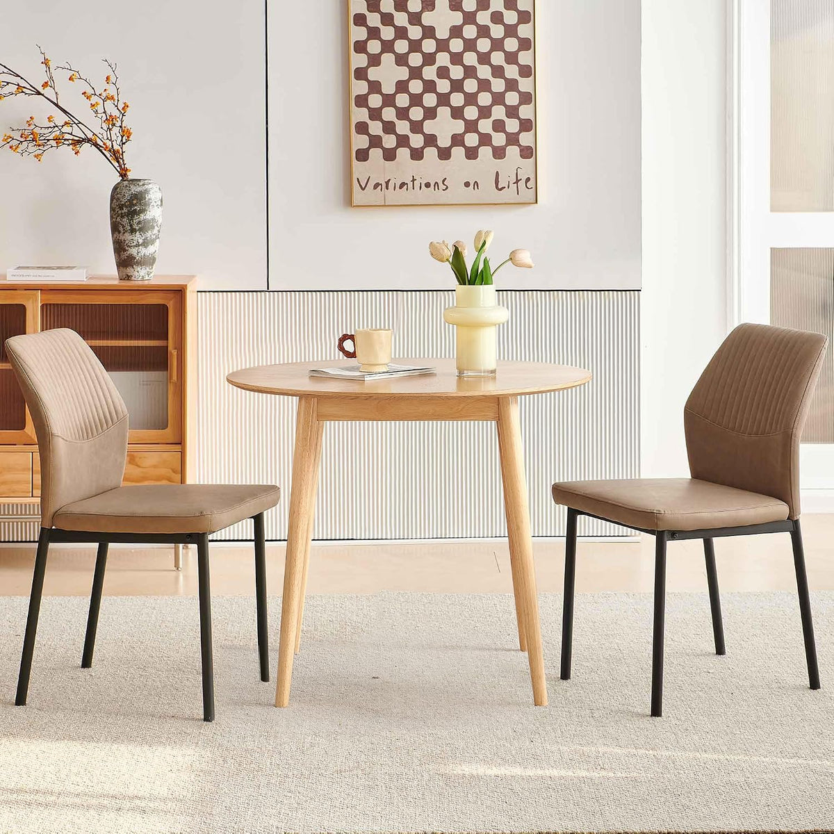 35" Round Dining Table Set for 2 with PU Leather Chairs, Space Saving Kitchen Table Set with Solid Wood Legs - Compact Breakfast Nook Set for Small Spaces, Apartment (Beige)