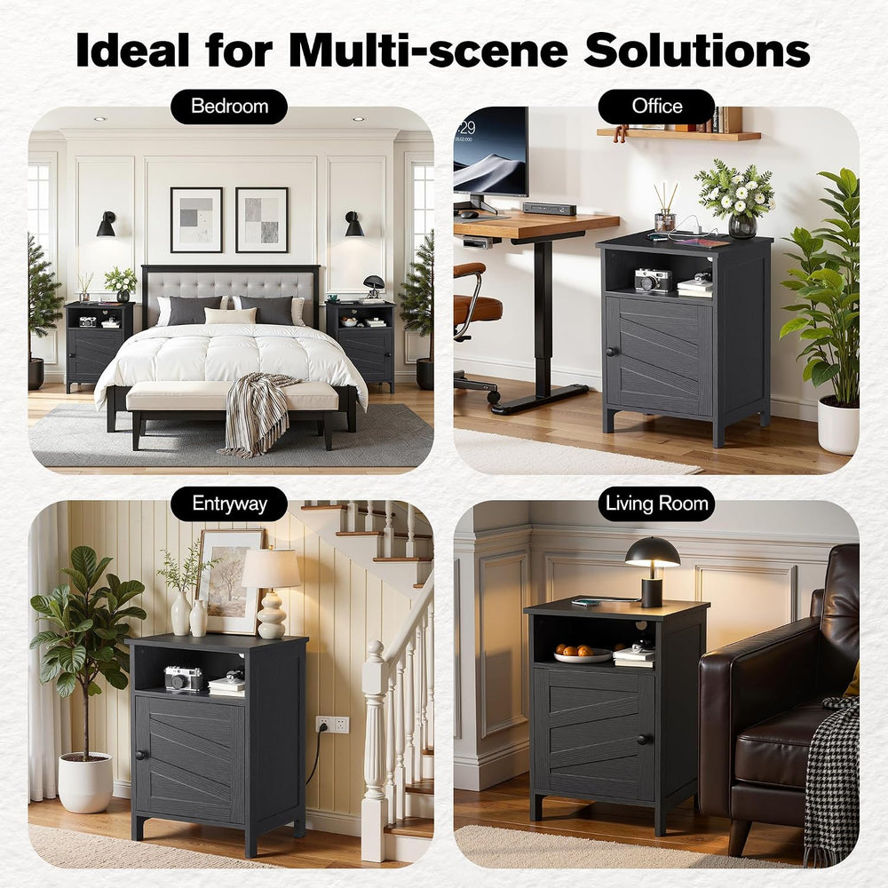 Night Stand with Charging Station, Farmhouse Nightstand with Open Shelf, Beds...