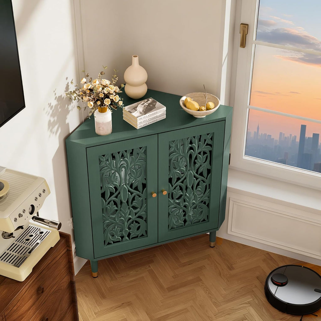 3More Retro Hollow Carved 2-Door Accent Corner Storage Cabinet Green