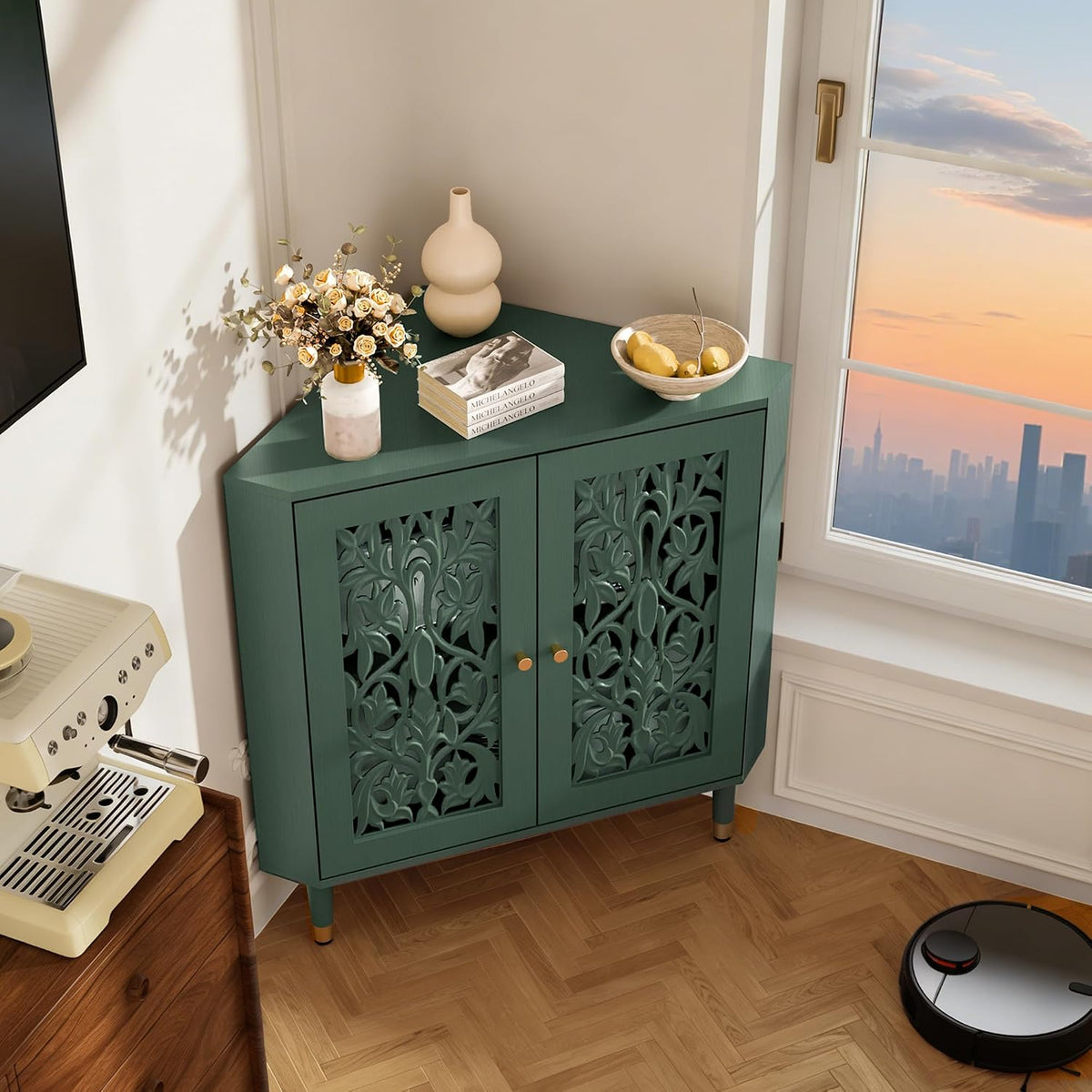 3More Retro Hollow Carved 2-Door Accent Corner Storage Cabinet Green