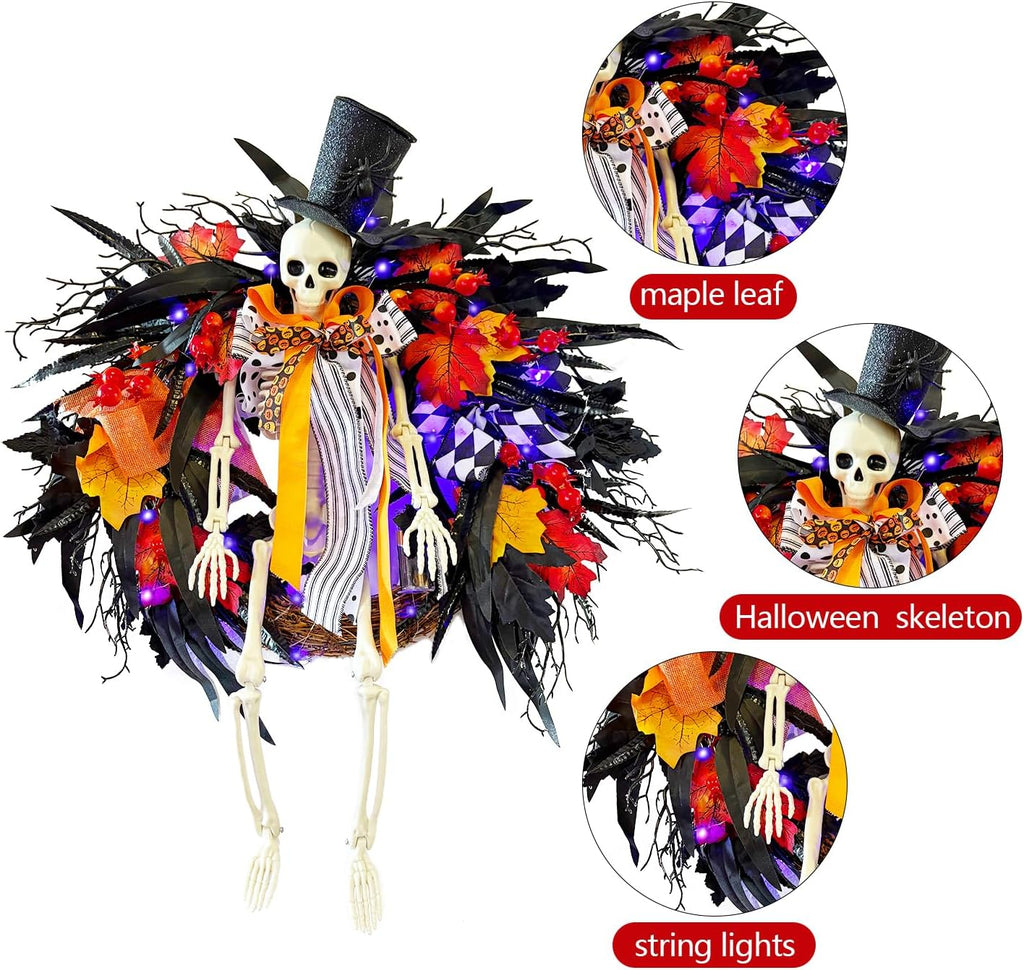 HipTree 28 Inch Halloween Skeleton Wreath for Front Door with Lights