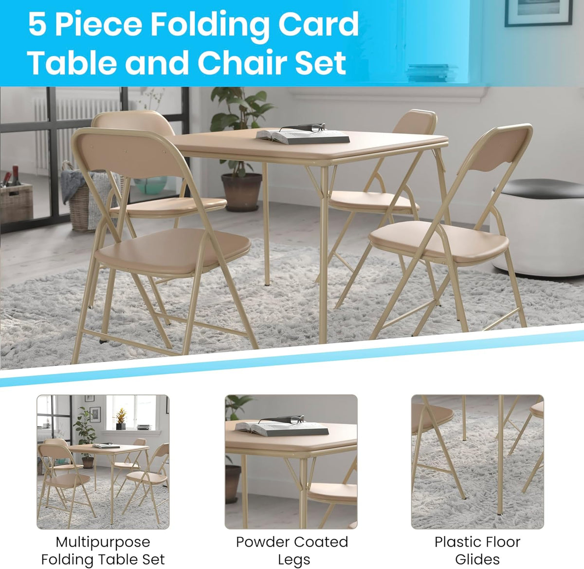 EMMA + OLIVER Tan Square Folding Card Table and Chairs Set for 4 Players