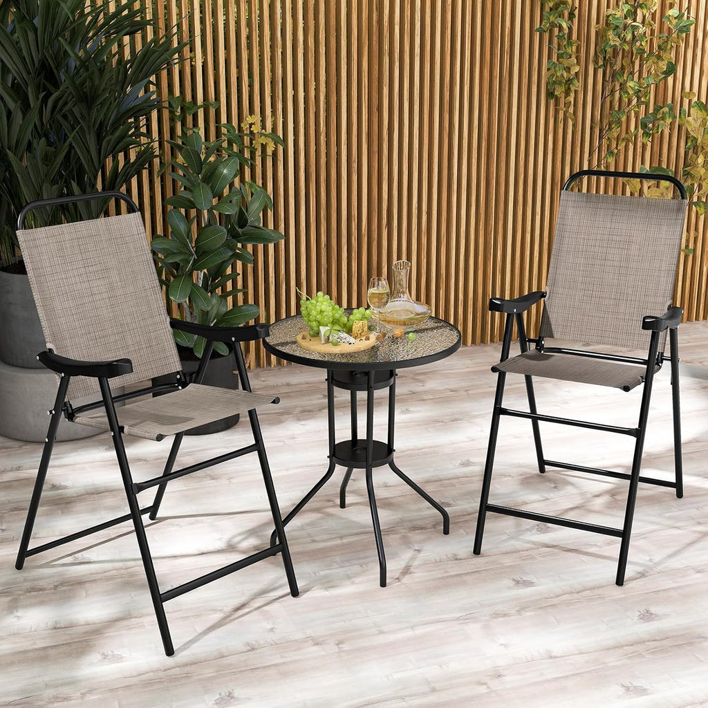 COSTWAY 2 Pieces Patio Folding Bar Chairs with Metal Frame, Footrest, Arms