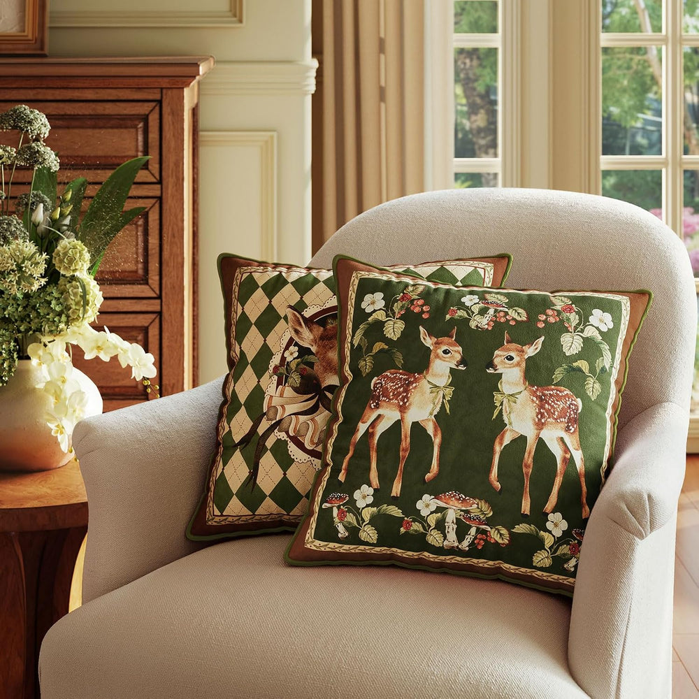 Vintage Christmas Pillow Cover 18x18, Holly Deer