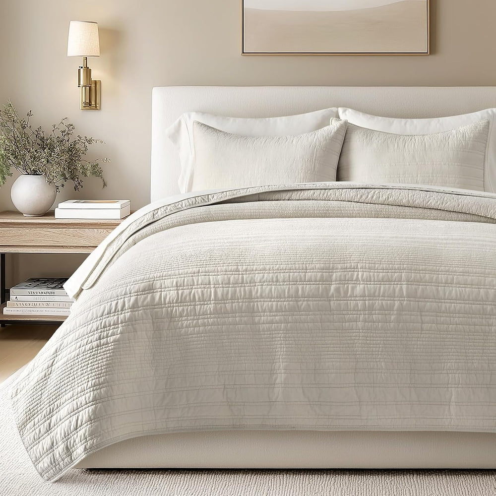 EVERGRACEHOME 100% Cotton Modern Lines Quilt Set Queen Size, Birch