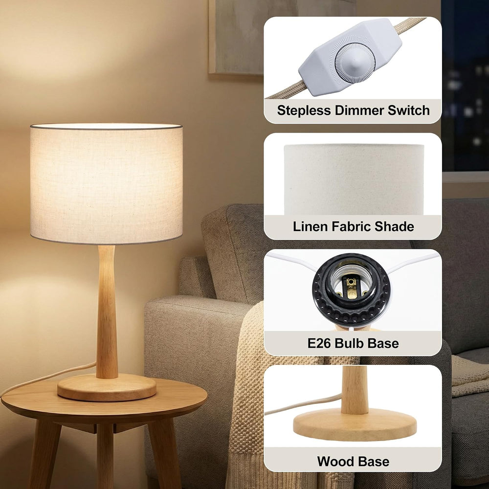 16.3” Natural Wood Table Lamp with Linen Drum Shade, E26 Base, Cream