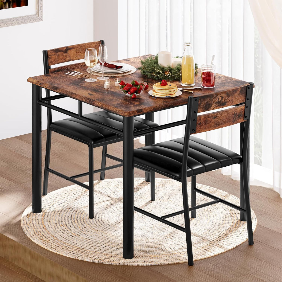 IRONCK Dining Table Set for 2, Rustic Brown | Small Kitchen Table with Upholstered Chairs, Compact Dining Set for Small Spaces, Kitchen & Dining Room