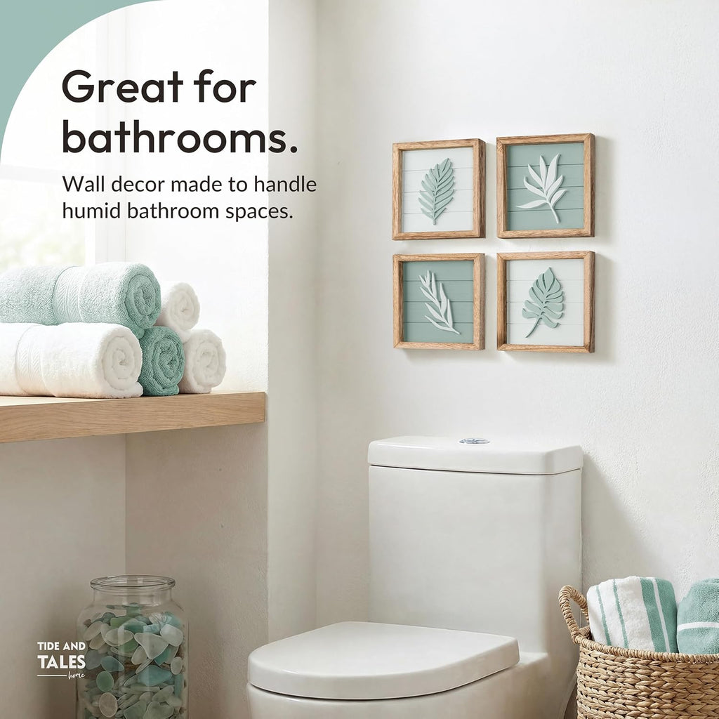 Tide and Tales 3d Sage Green Framed Wall Art, Set of 4, Bathroom Decor