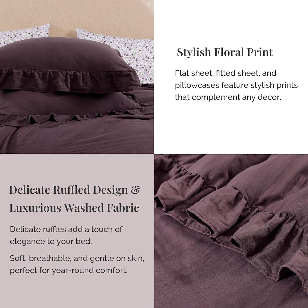 BLOOMHAVEN Full Size Comforter Sets-7 Pieces Ruffle Bedding Floral Sheet