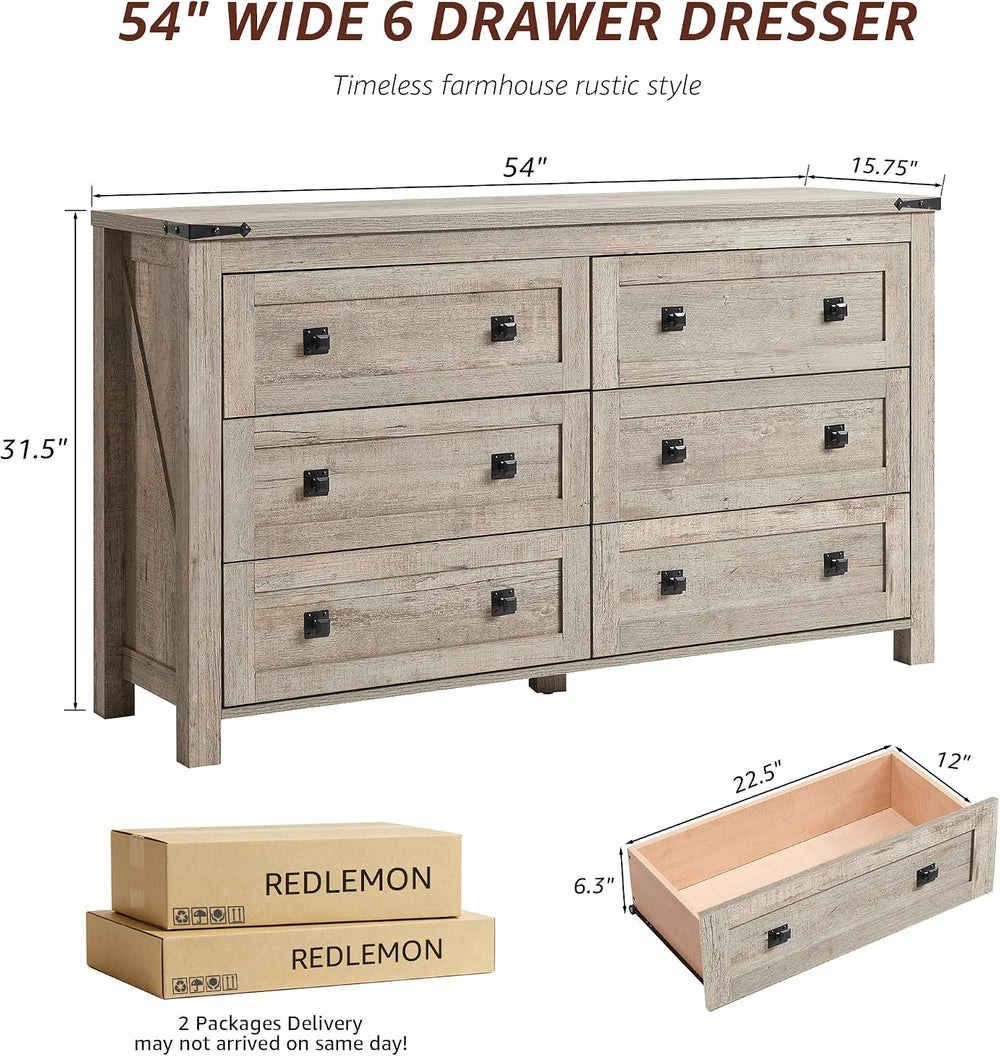 RedLemon Farmhouse 54" 6-Drawer Dresser for Bedroom, Light Rustic Oak