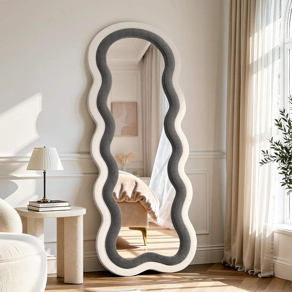 Wavy Full Length Mirror 63"x24", Black and White Velvet Frame