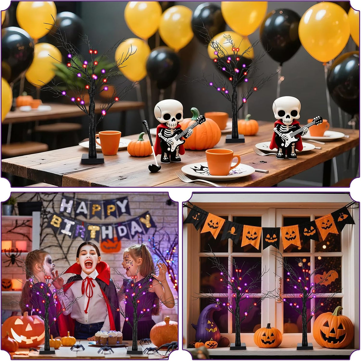 2Pack 24 Inch Halloween Spooky Tree with Lights, Lighted Tabletop Black Tree with Timer, Indoor Halloween Decorations for Home
