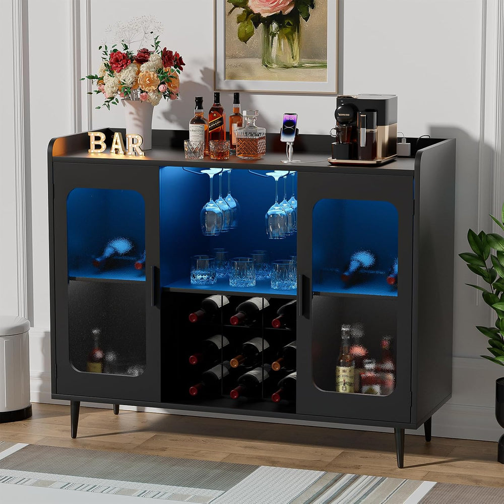 Coffee Bar Cabinet with Power Outlets and LED Light, Black