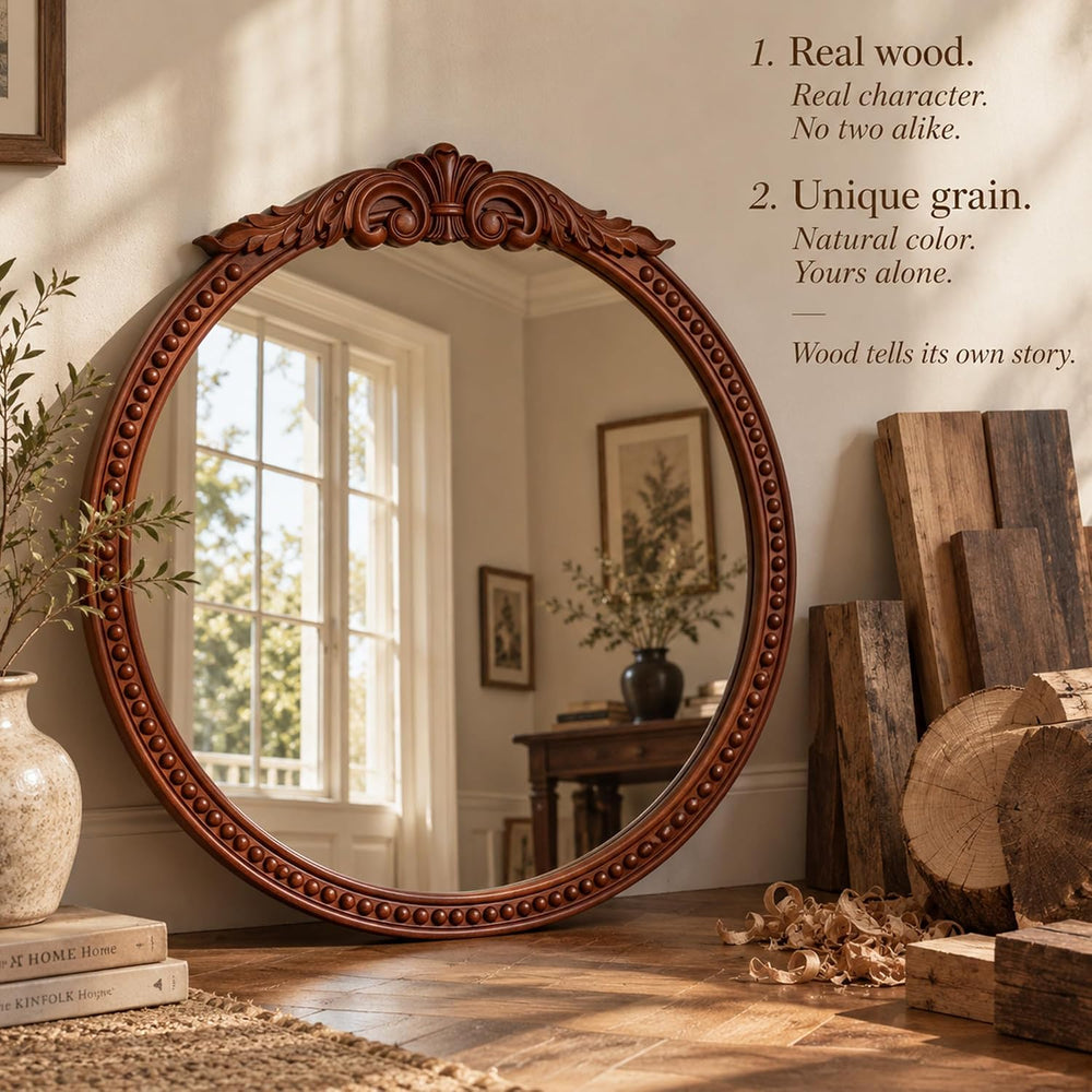 30" Rustic Round Wood Mirror with Beads Walnut Reddish Brown