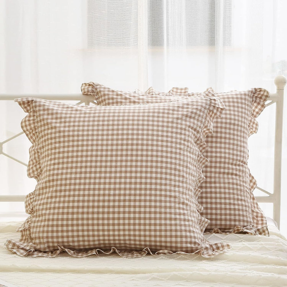 2 Pack Taupe White Gingham Ruffle Euro Pillow Shams 26''x26''