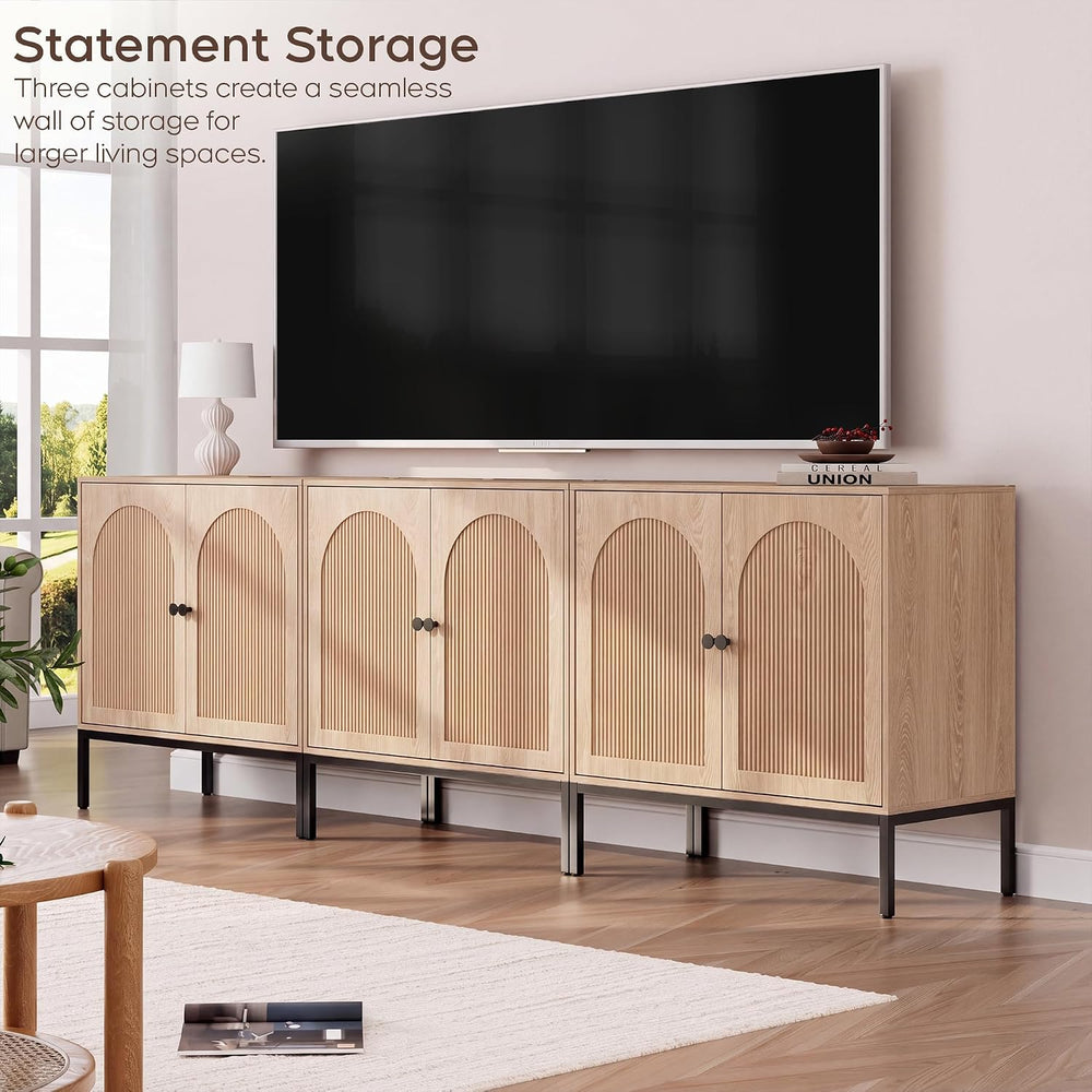 Yechen Fluted Sideboard Buffet Cabinet with Storage, Set of 3, Natural Oak