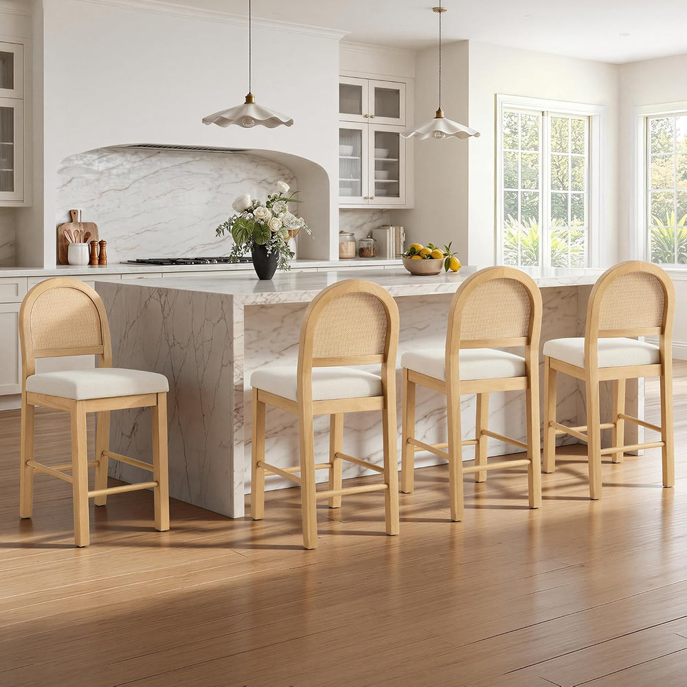 Upholstered Rattan Bar Stools, 26'' Counter Height, Set of 2, Natural
