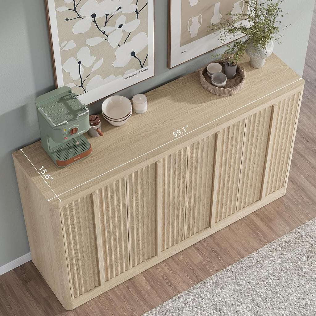 Fluted Buffet Cabinet with Storage, 60" Sideboard Buffet Storage Cabinet with 4 Doors & Adjustable Shelves, Wood Coffee Bar Credenza Storage Cabinet for Kitchen, Living Room, Natural Oak(1PCS)