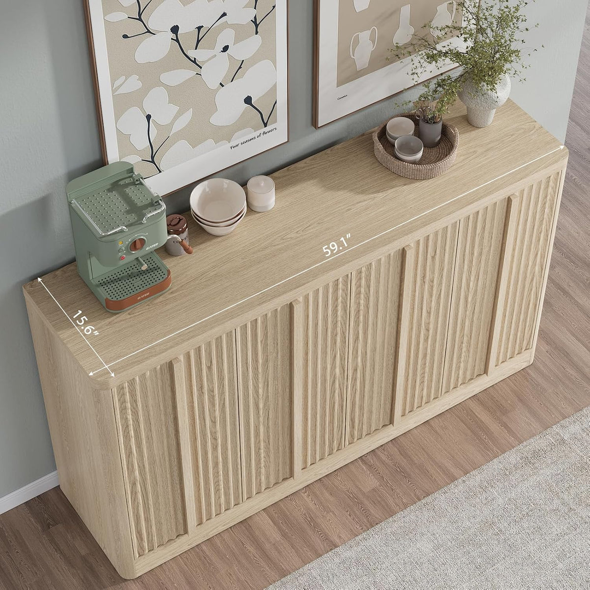 Fluted Buffet Cabinet with Storage, 60" Sideboard Buffet Storage Cabinet with 4 Doors & Adjustable Shelves, Wood Coffee Bar Credenza Storage Cabinet for Kitchen, Living Room, Natural Oak(1PCS)