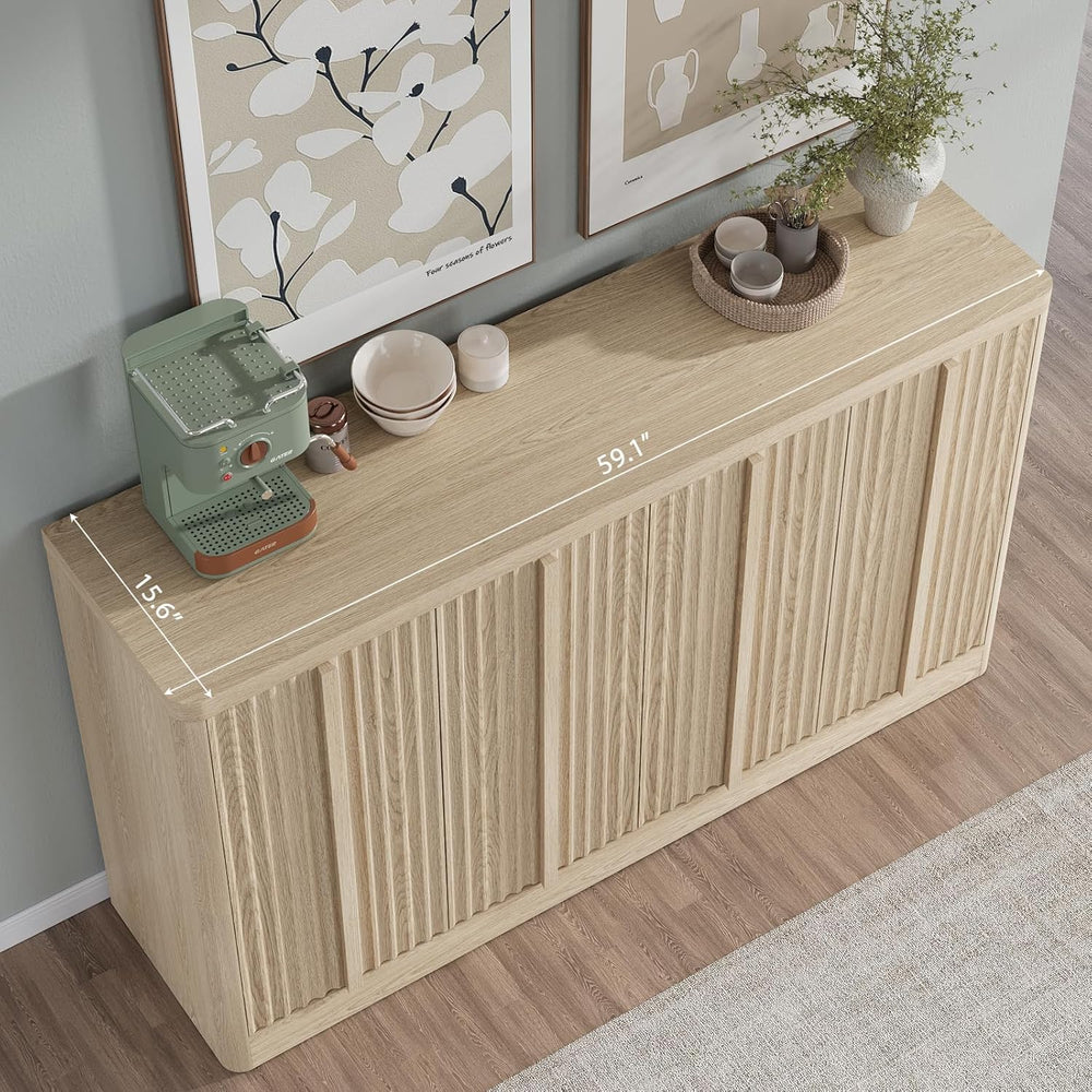 60" Fluted Sideboard Buffet Cabinet with Solid Wood Handles, Natural(1PC)