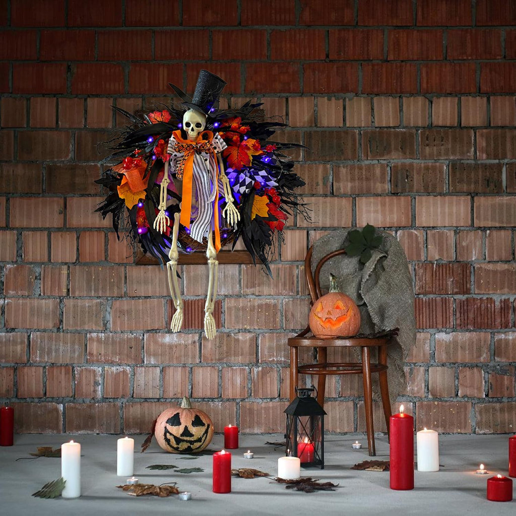 HipTree 28 Inch Halloween Skeleton Wreath for Front Door with Lights