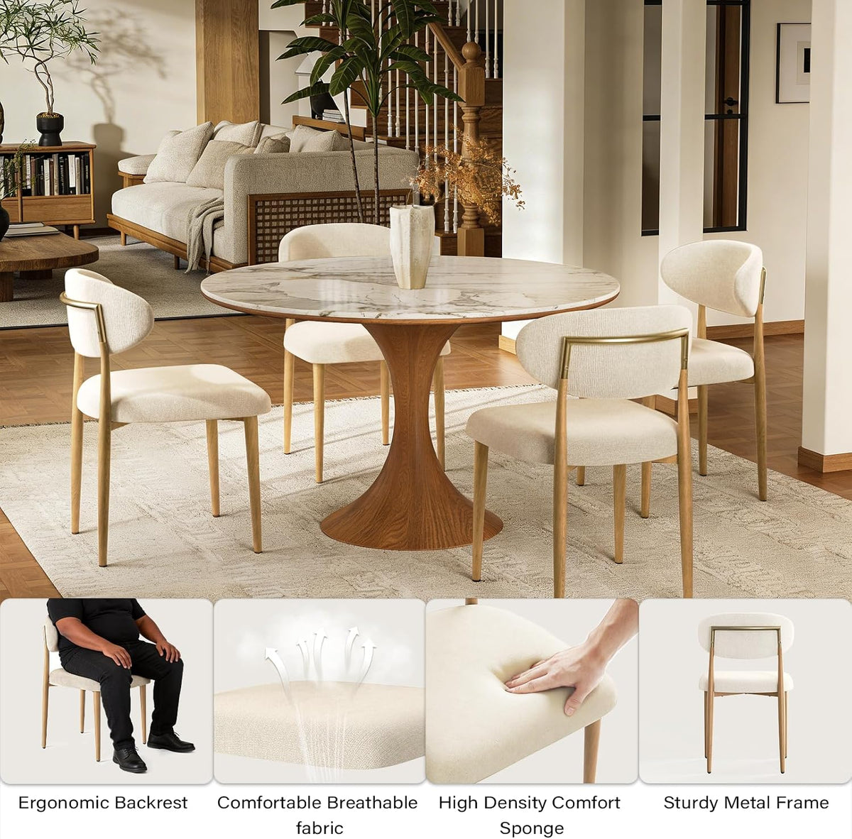 300LBS Dining Chairs Set of 2,Metal Kitchen Chairs,Modern Fabric Upholstered Dining Room Chairs with Ergonomic Curved Backrest for Kitchen Dining Room,Beige