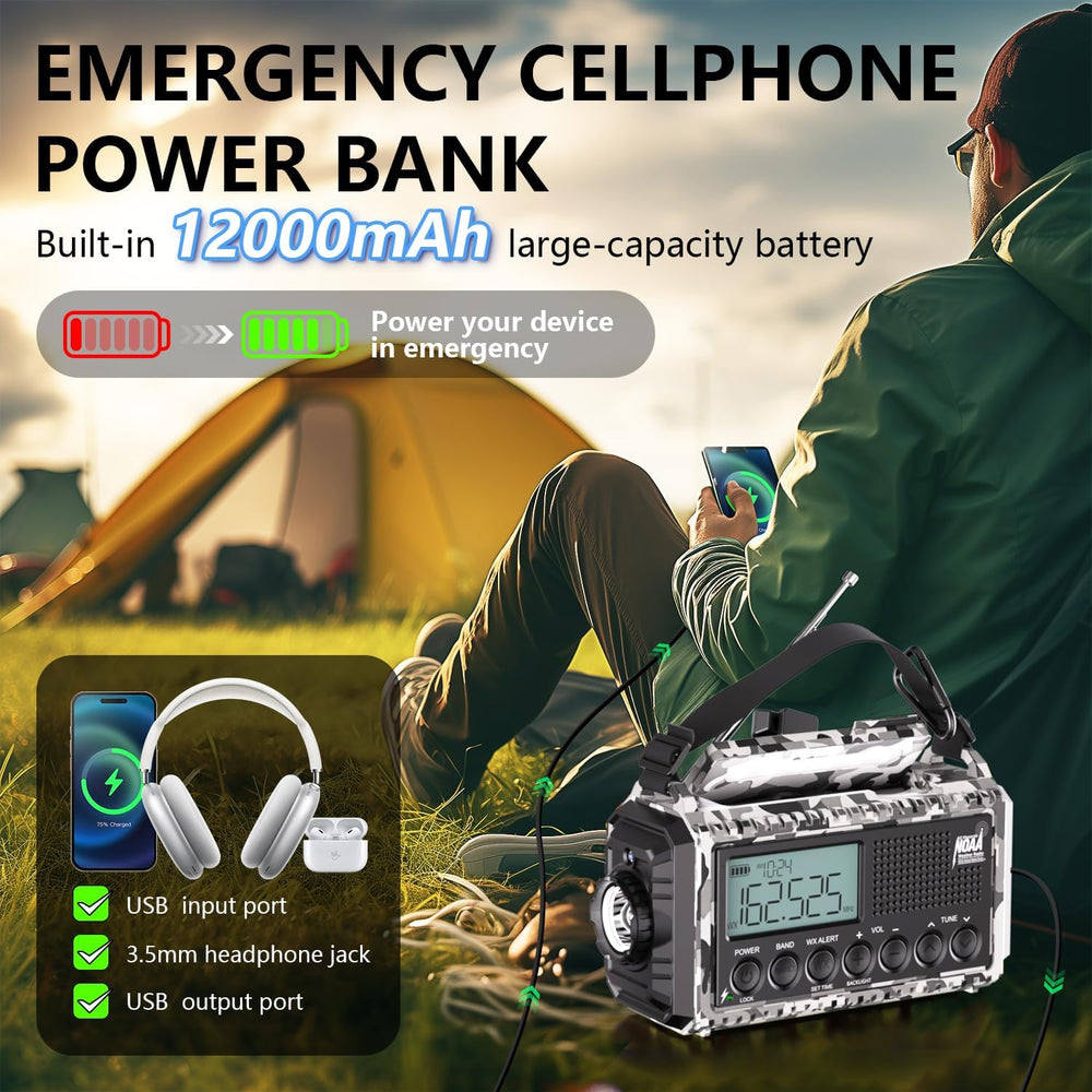 NOAA Emergency Weather Radio with Auto Alert, Solar Hand Crank, 12000mAh